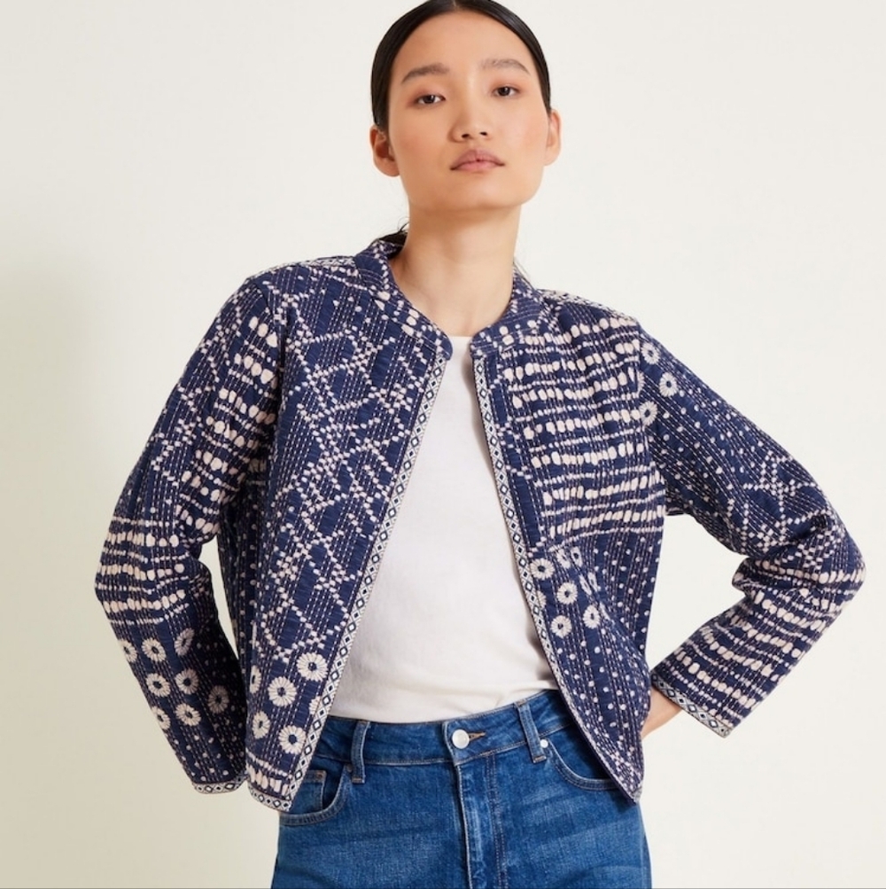 Stunning Monsoon 100% Cotton Quilted / Woven Navy Patterned Jacket - Large - Picture 2 of 12